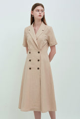 Beige Linen Double-Breasted Midi Dress with Notch Lapel and Short Sleeves for Refined Styling
