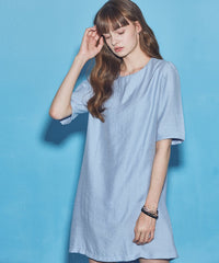 Relaxed-Fit Cotton Poplin Mini Dress With Short Sleeves And Round Gathered Neckline