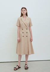 Beige Linen Double-Breasted Midi Dress with Notch Lapel and Short Sleeves for Refined Styling