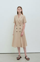 Beige Linen Double-Breasted Midi Dress with Notch Lapel and Short Sleeves for Refined Styling
