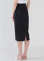 High-Waisted Linen Pencil Skirt with Back Button Detail and Tailored Midi Silhouette