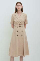 Beige Linen Double-Breasted Midi Dress with Notch Lapel and Short Sleeves for Refined Styling