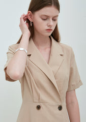 Beige Linen Double-Breasted Midi Dress with Notch Lapel and Short Sleeves for Refined Styling