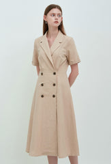 Beige Linen Double-Breasted Midi Dress with Notch Lapel and Short Sleeves for Refined Styling