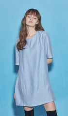 Relaxed-Fit Cotton Poplin Mini Dress With Short Sleeves And Round Gathered Neckline