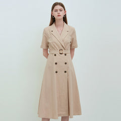 Beige Linen Double-Breasted Midi Dress with Notch Lapel and Short Sleeves for Refined Styling