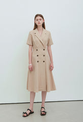 Beige Linen Double-Breasted Midi Dress with Notch Lapel and Short Sleeves for Refined Styling