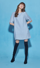 Relaxed-Fit Cotton Poplin Mini Dress With Short Sleeves And Round Gathered Neckline