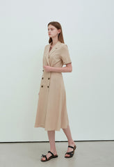 Beige Linen Double-Breasted Midi Dress with Notch Lapel and Short Sleeves for Refined Styling