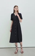 Black Linen V-Neck Button-Down Midi Dress with Short Sleeves and Tailored Waist Detailing
