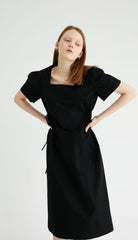 Square-Neck Linen Midi Dress With Short Puff Sleeves And Adjustable Side Ties