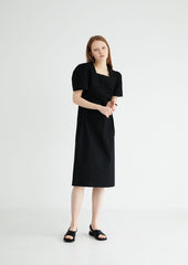 Square-Neck Linen Midi Dress With Short Puff Sleeves And Adjustable Side Ties