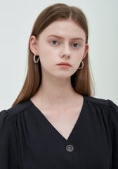 Black Linen V-Neck Button-Down Midi Dress with Short Sleeves and Tailored Waist Detailing