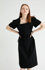 Square-Neck Linen Midi Dress With Short Puff Sleeves And Adjustable Side Ties