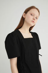 Square-Neck Linen Midi Dress With Short Puff Sleeves And Adjustable Side Ties