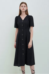 Black Linen V-Neck Button-Down Midi Dress with Short Sleeves and Tailored Waist Detailing