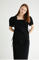 Square-Neck Linen Midi Dress With Short Puff Sleeves And Adjustable Side Ties