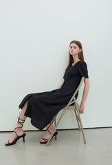 Black Linen V-Neck Button-Down Midi Dress with Short Sleeves and Tailored Waist Detailing