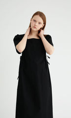 Square-Neck Linen Midi Dress With Short Puff Sleeves And Adjustable Side Ties