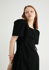 Square-Neck Linen Midi Dress With Short Puff Sleeves And Adjustable Side Ties