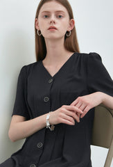 Black Linen V-Neck Button-Down Midi Dress with Short Sleeves and Tailored Waist Detailing