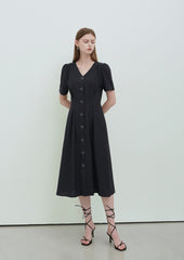 Black Linen V-Neck Button-Down Midi Dress with Short Sleeves and Tailored Waist Detailing