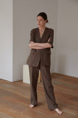 Half-Sleeve Linen Blazer with Minimalist Tailoring in Rich Brown for Elevated Casual Looks