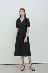 Black Linen V-Neck Button-Down Midi Dress with Short Sleeves and Tailored Waist Detailing