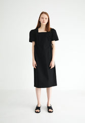 Square-Neck Linen Midi Dress With Short Puff Sleeves And Adjustable Side Ties