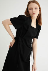 Square-Neck Linen Midi Dress With Short Puff Sleeves And Adjustable Side Ties