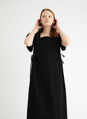 Square-Neck Linen Midi Dress With Short Puff Sleeves And Adjustable Side Ties