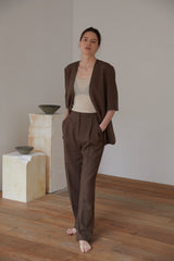 Half-Sleeve Linen Blazer with Minimalist Tailoring in Rich Brown for Elevated Casual Looks
