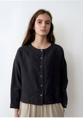 Button-Front Linen Blouse With Round Neckline And Cropped Relaxed Silhouette For Warm Weather