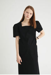 Square-Neck Linen Midi Dress With Short Puff Sleeves And Adjustable Side Ties