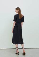 Black Linen V-Neck Button-Down Midi Dress with Short Sleeves and Tailored Waist Detailing