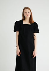 Square-Neck Linen Midi Dress With Short Puff Sleeves And Adjustable Side Ties