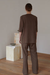 Half-Sleeve Linen Blazer with Minimalist Tailoring in Rich Brown for Elevated Casual Looks