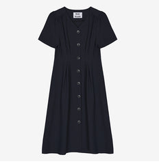 Black Linen V-Neck Button-Down Midi Dress with Short Sleeves and Tailored Waist Detailing