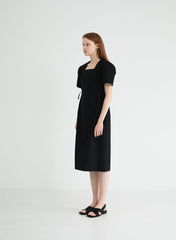 Square-Neck Linen Midi Dress With Short Puff Sleeves And Adjustable Side Ties