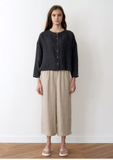 Button-Front Linen Blouse With Round Neckline And Cropped Relaxed Silhouette For Warm Weather