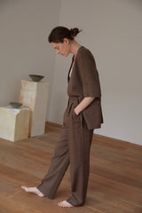 Half-Sleeve Linen Blazer with Minimalist Tailoring in Rich Brown for Elevated Casual Looks