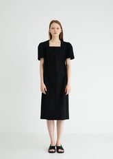 Square-Neck Linen Midi Dress With Short Puff Sleeves And Adjustable Side Ties