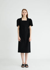 Square-Neck Linen Midi Dress With Short Puff Sleeves And Adjustable Side Ties