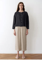 Button-Front Linen Blouse With Round Neckline And Cropped Relaxed Silhouette For Warm Weather