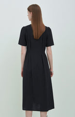 Black Linen V-Neck Button-Down Midi Dress with Short Sleeves and Tailored Waist Detailing