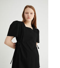 Square-Neck Linen Midi Dress With Short Puff Sleeves And Adjustable Side Ties