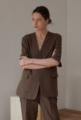 Half-Sleeve Linen Blazer with Minimalist Tailoring in Rich Brown for Elevated Casual Looks