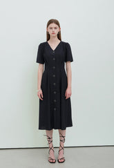 Black Linen V-Neck Button-Down Midi Dress with Short Sleeves and Tailored Waist Detailing