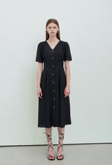 Black Linen V-Neck Button-Down Midi Dress with Short Sleeves and Tailored Waist Detailing