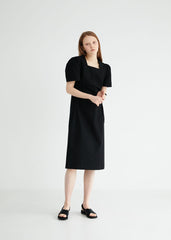 Square-Neck Linen Midi Dress With Short Puff Sleeves And Adjustable Side Ties